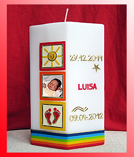 Moderne und farbenfrohe Taufkerze mit Foto, Kerzenform "Raute"
