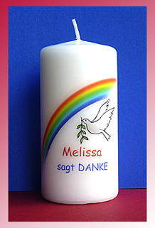 Kerze als Danke Gastgeschenk, 120x60 mm, Motiv Regenbogen