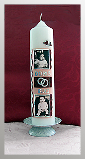 Moderne Hochzeitskerze mit aufgedruckten Baby-Fotos der Brautleute