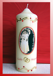 Romantische Kerze zur goldenen Hochzeit, mit Foto des Brautpaars und aufgedruckter Schrift