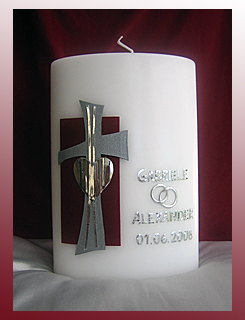 Hochzeitskerze "Kreuz mit Herz" auf ovaler Blockkerze