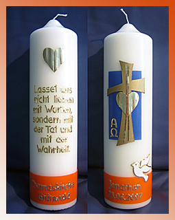 Konfirmationskerze "Kreuz mit Herz", Stumpenkerze 300/80 mm